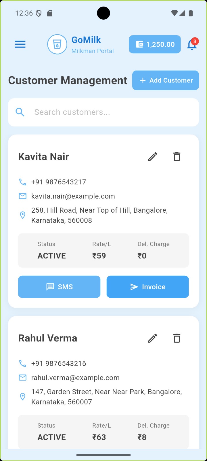 Go Milk customer management mobile screen