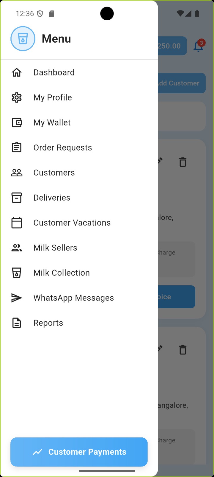 Go Milk milkman panel mobile workflow screen