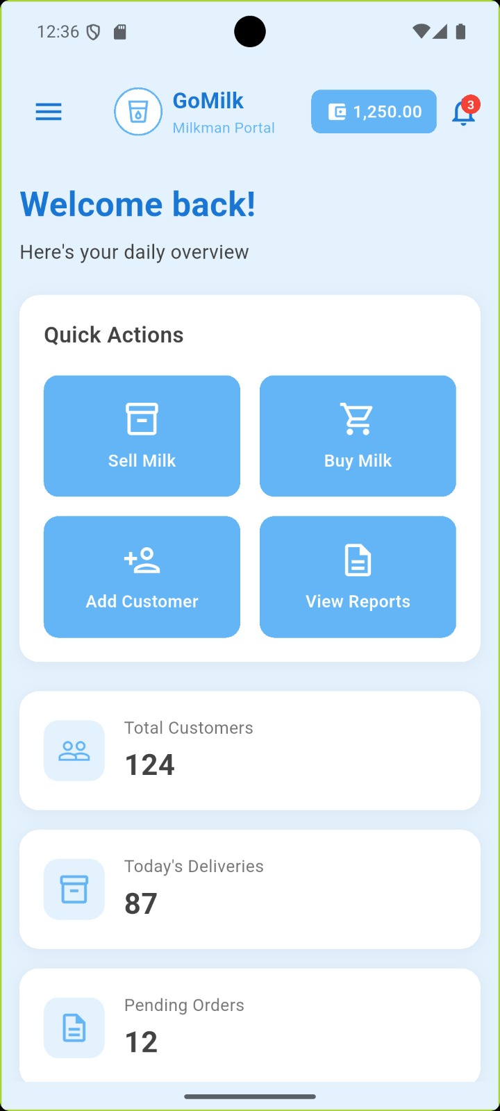 Go Milk mobile home screen for dairy ordering
