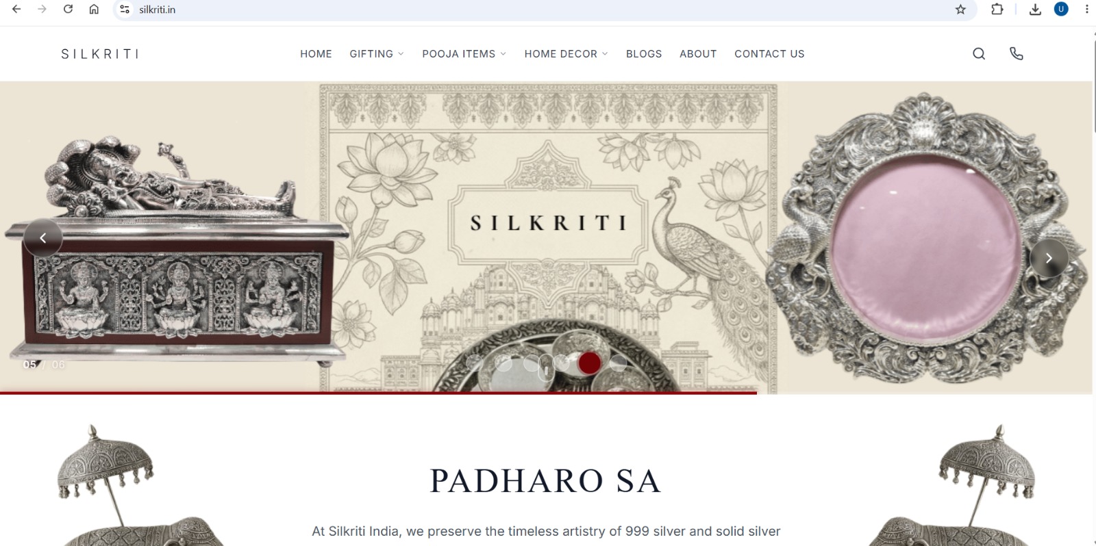 Silkriti homepage showcasing luxury silver gifting collections